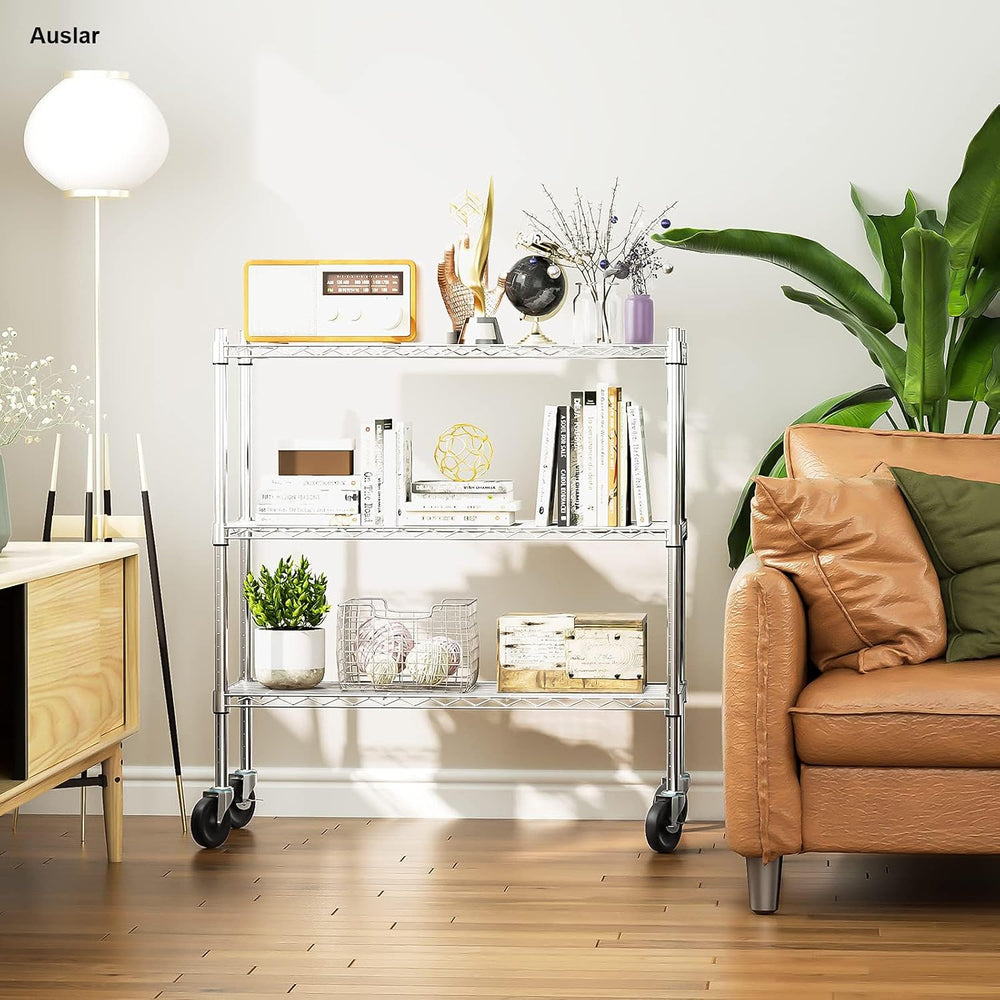 Auslar 3-Tier Storage Shelves with Casters Heavy Duty Metal Shelving Chrome