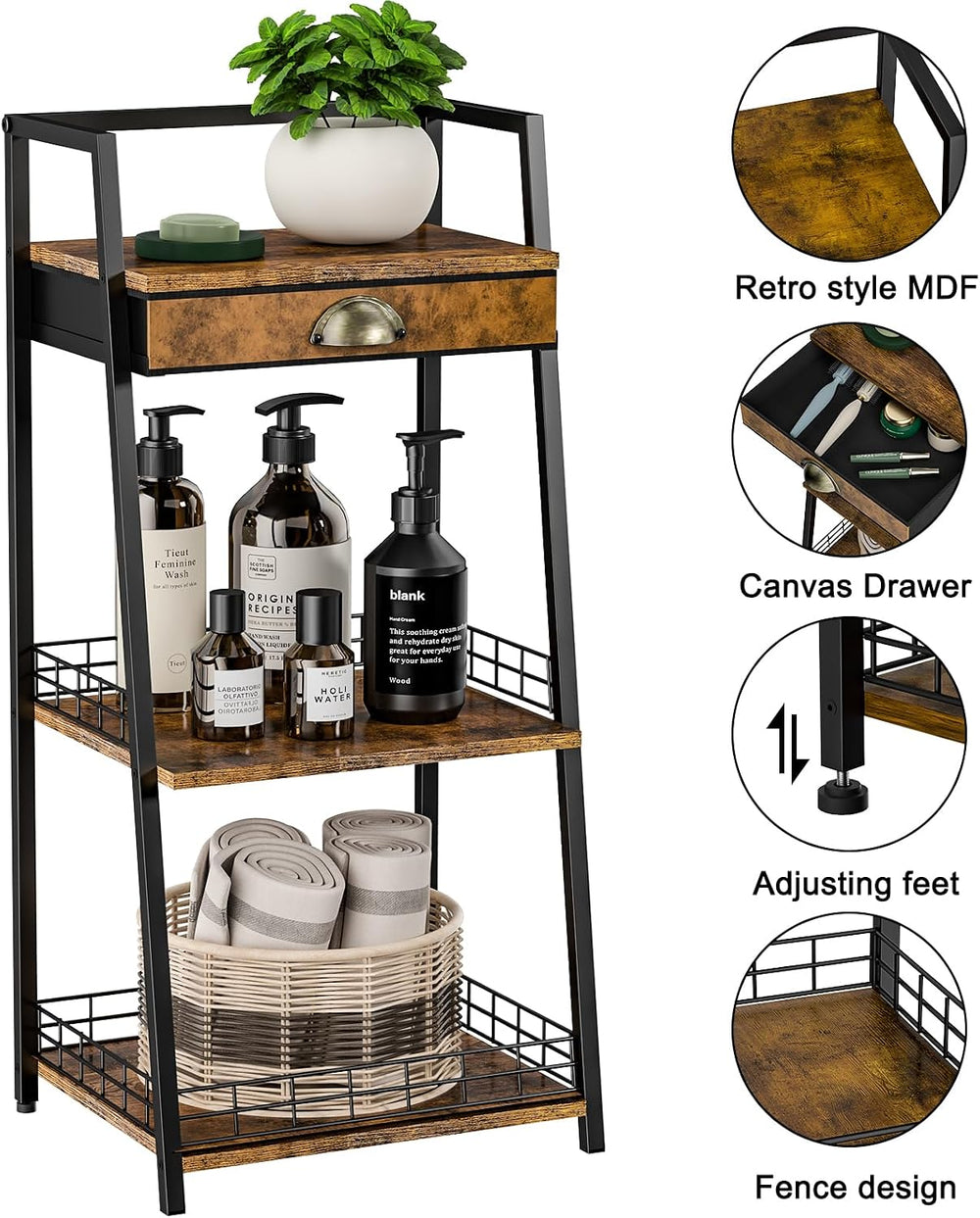 keomaisyto 3-Tier Bathroom Shelves with Canvas Drawer, Floor Bathroom Storage...