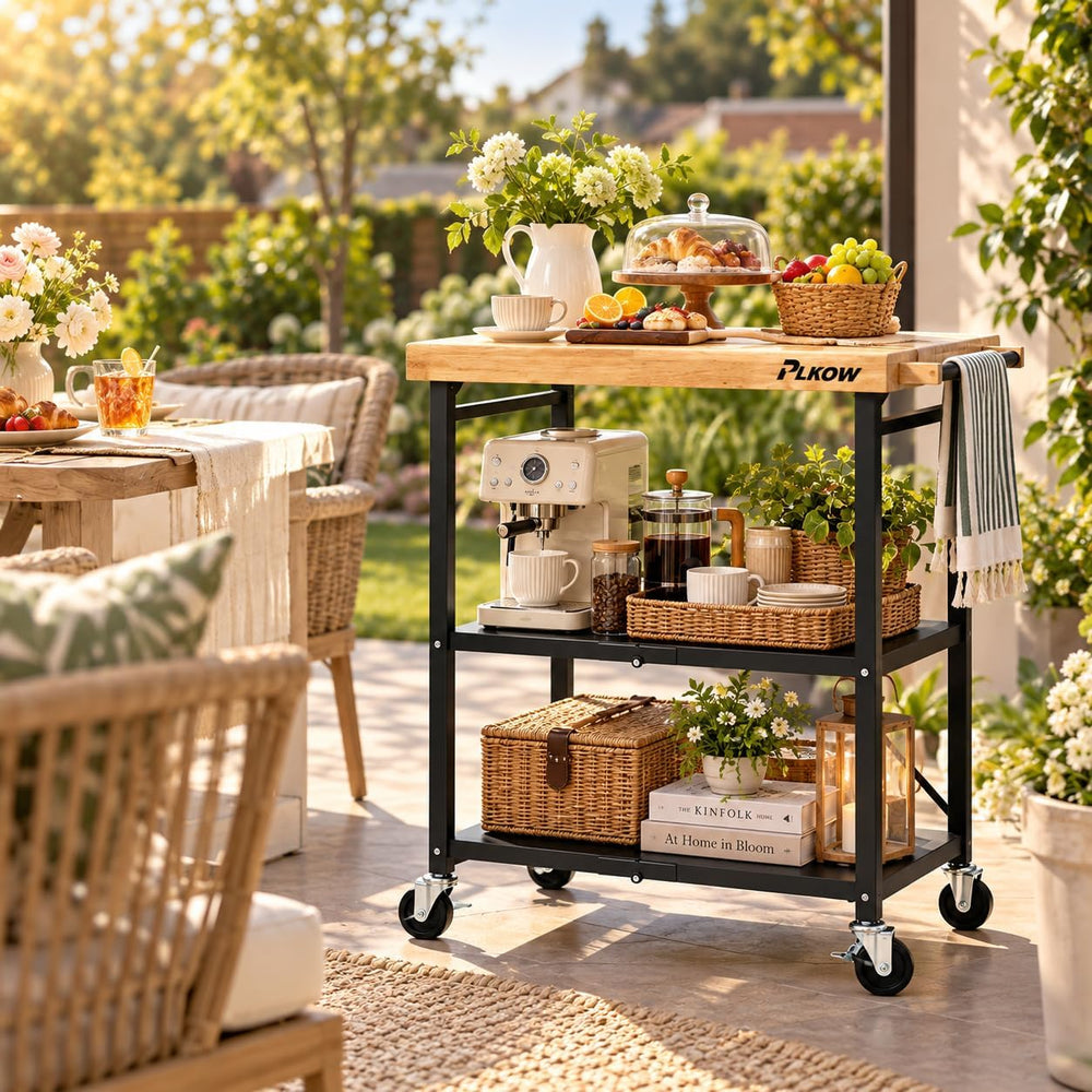 Foldable 3-Tier Rolling Kitchen Cart with Solid Oak Top, Black