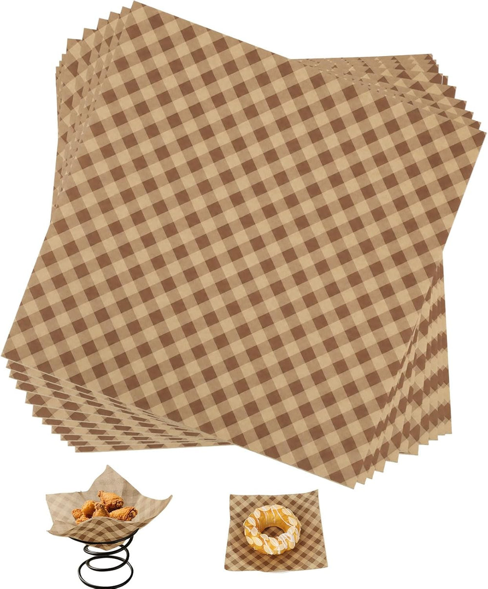 BOXOB 1000pcs Brown Checkered Wax Paper Sheets, 12x12in