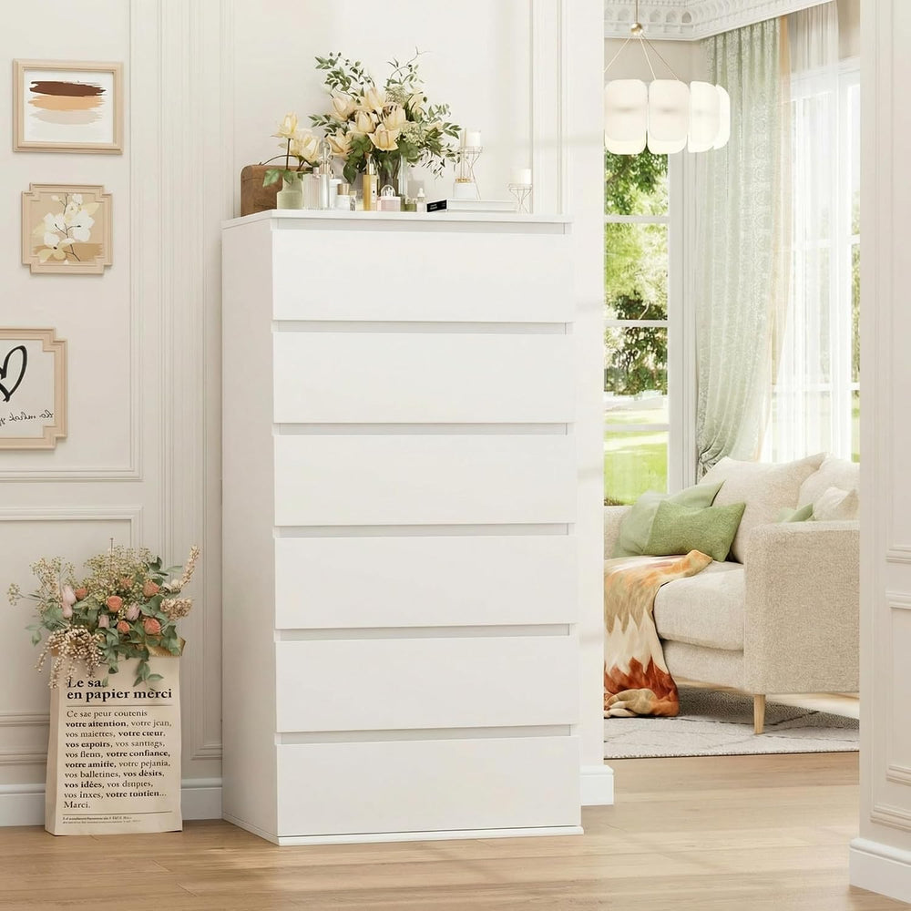 FOTOSOK White Dresser, 6 Drawer Dresser with Handleless Drawer Cabinet