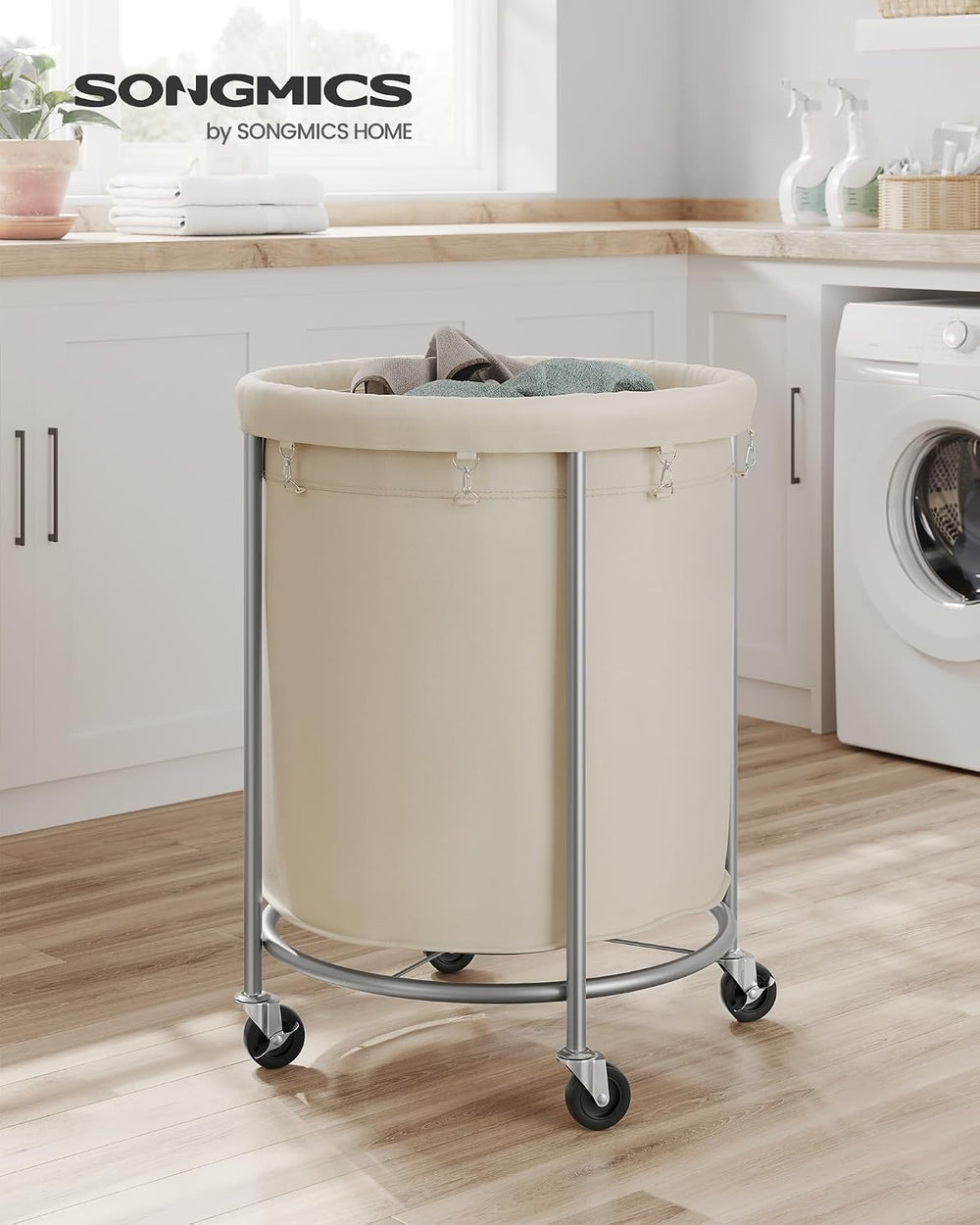 SONGMICS Laundry Basket with Wheels,190L, Steel Frame, Removable Bag