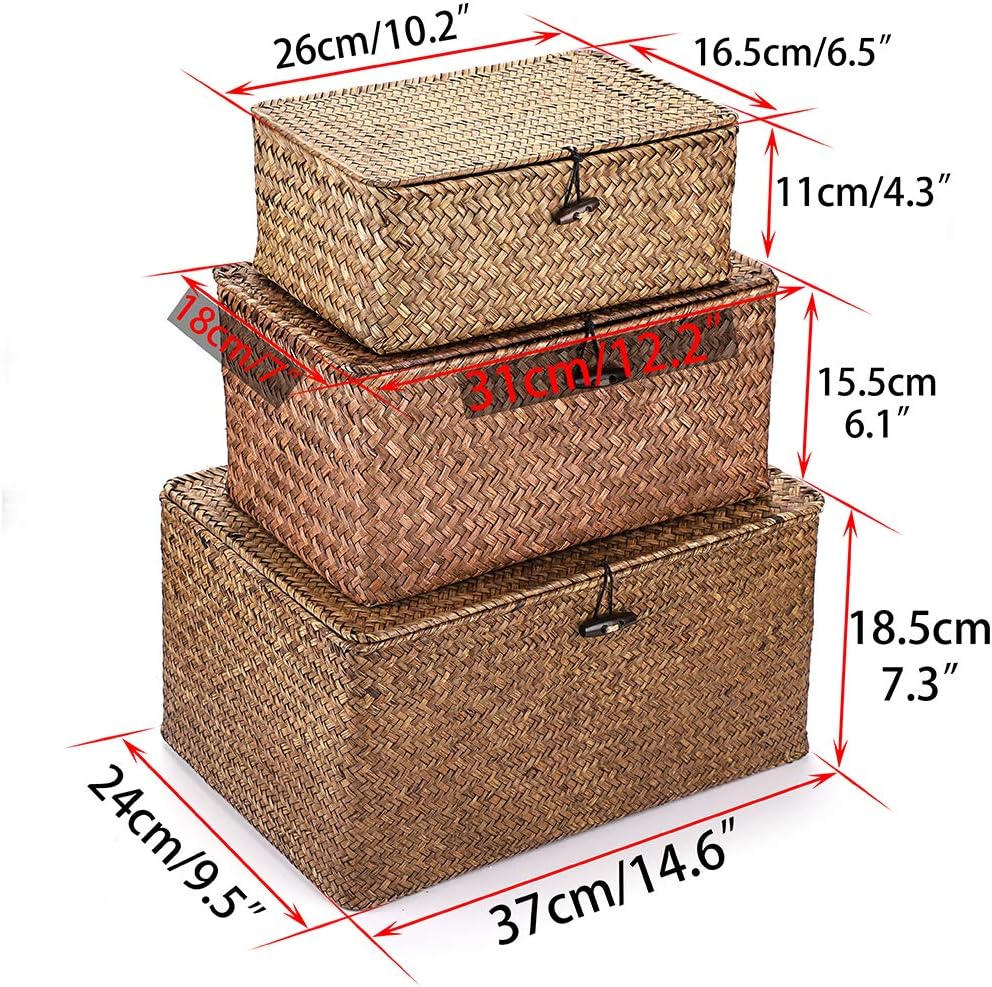 Hipiwe Set of 3 Seagrass Storage Baskets with Lid - Large Woven Wicker Bins