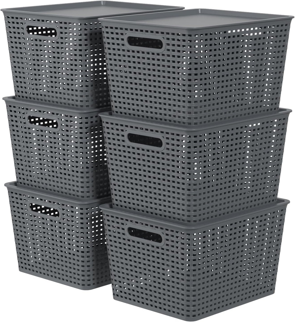 6 Packs Large Plastic Storage Basket Bin with Lid, Tall