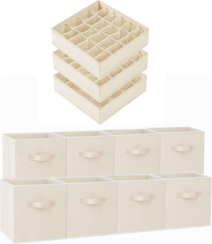 8 Pack 11 inch Fabric Storage Cubes with 3 Pack Sock Underwear Drawer Organizer for Clothing Organization and Storage