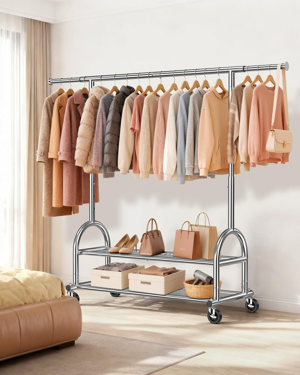 EAGMAK Rolling Clothes Rack Heavy Duty Clothing Rack with 2 Shelves, Silver