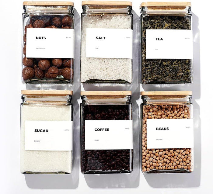 APT 1101 Glass Storage Jars with Bamboo Lid, glass canisters with airtight lids, Clear jars with lids for Spice, Cookie, Candy, Tea, Coffee Bean and Rice (White, 26 oz, Set of 6)