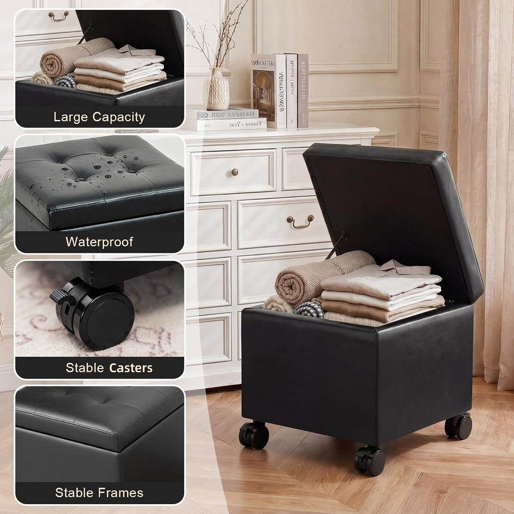 Homebeez 18" Square Storage Ottoman with Wheels, Tufted Faux Leather Cube