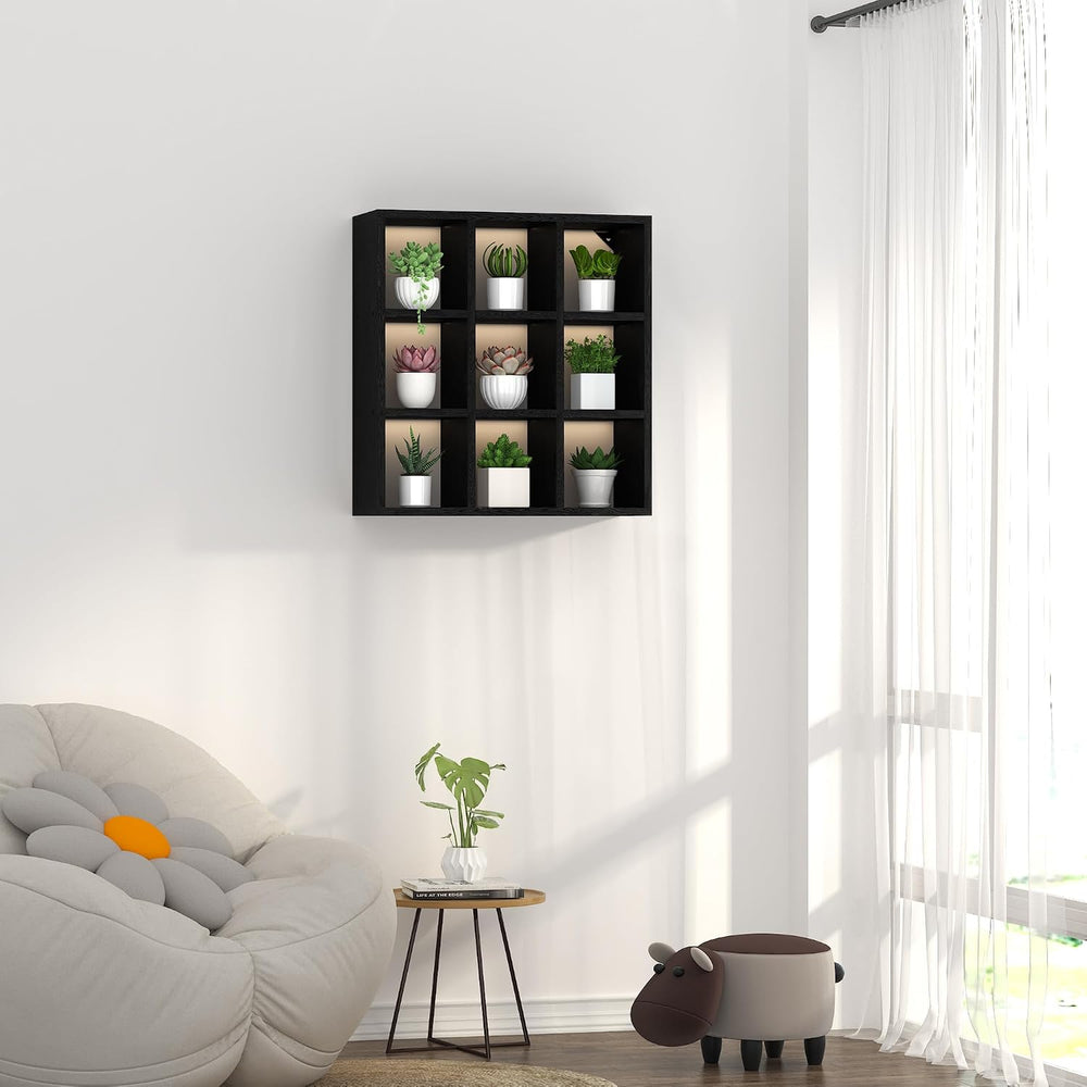 Helsin 9 Grid Vintage Coffee Mug Display Rack, 16inch Wall Mounted Wooden Cur...