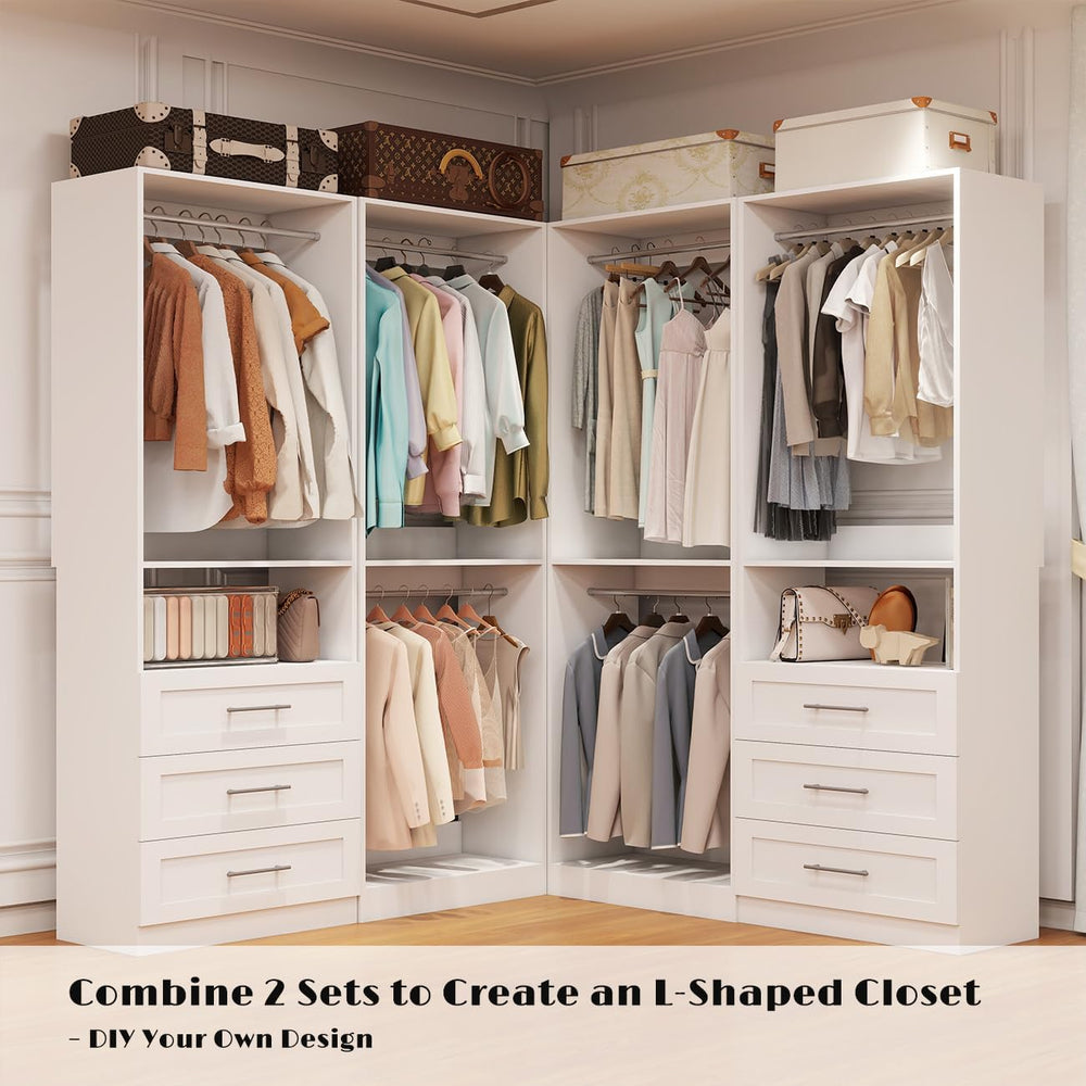 Closet System with 3 Drawers, 4FT-10FT Closet Organizer Systems with 5 Hangin...