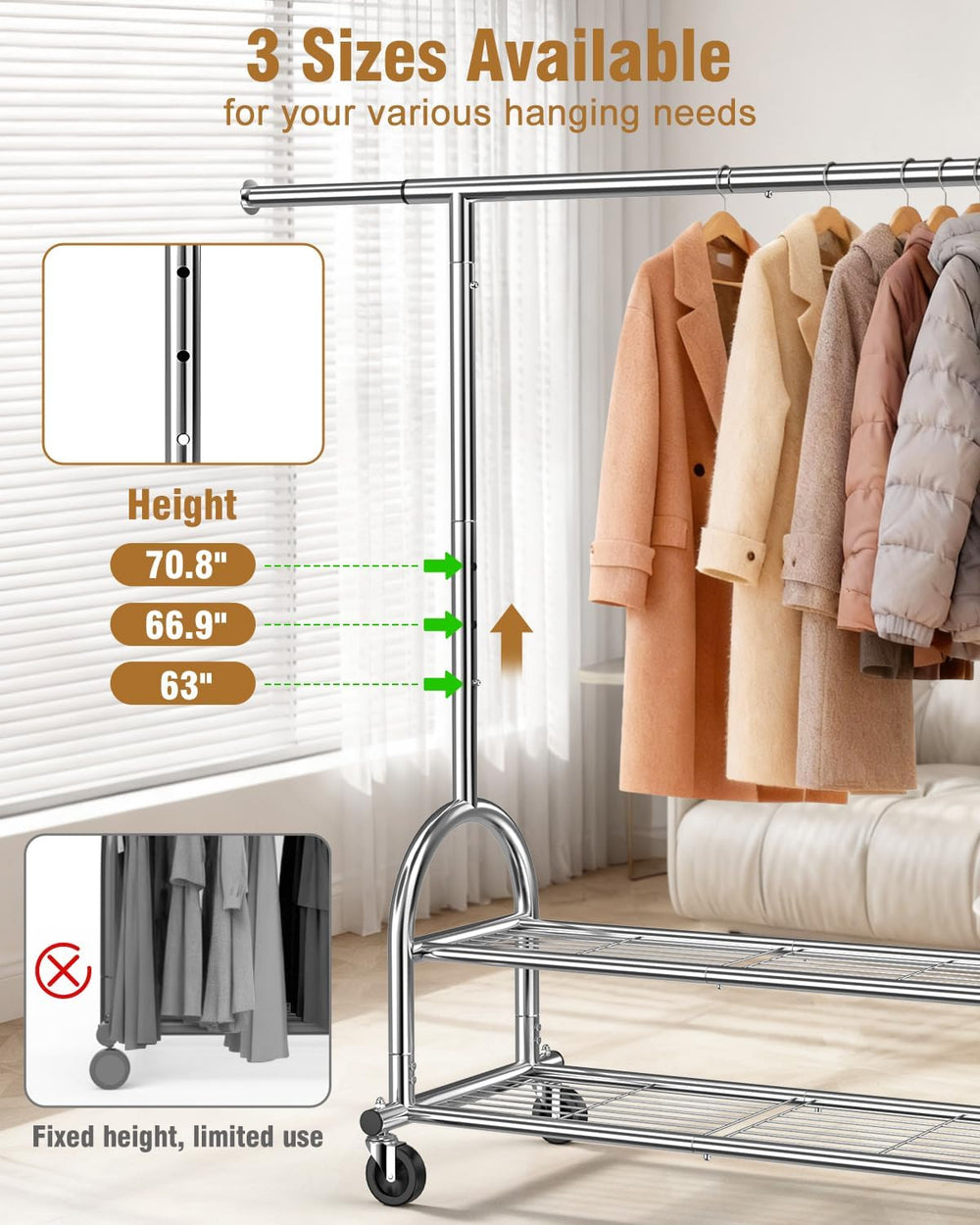 EAGMAK Rolling Clothes Rack Heavy Duty Clothing Rack with 2 Shelves, Silver