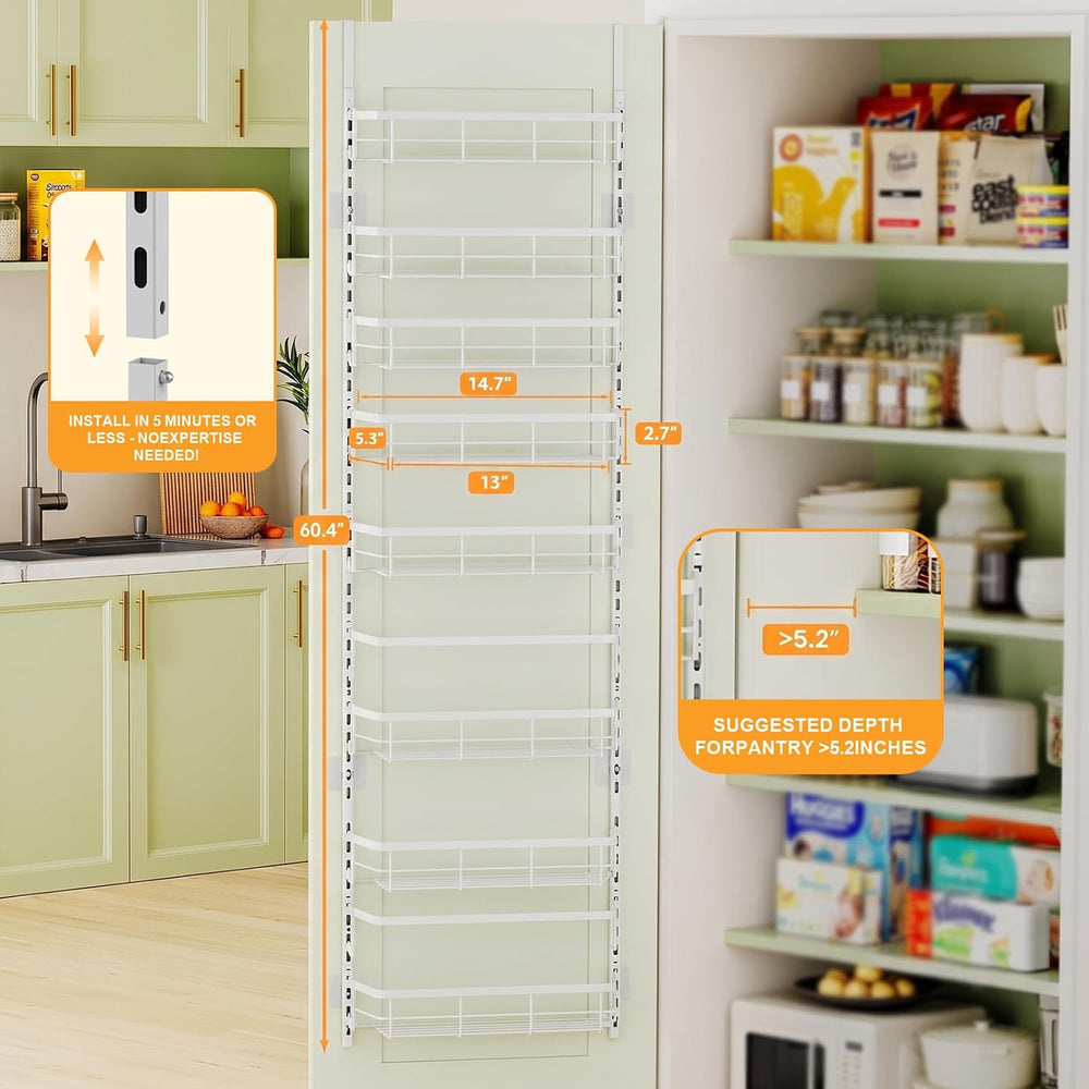 Over The Door Pantry Organizer, 8 Tier Adjustable Pantry Door Organization an...