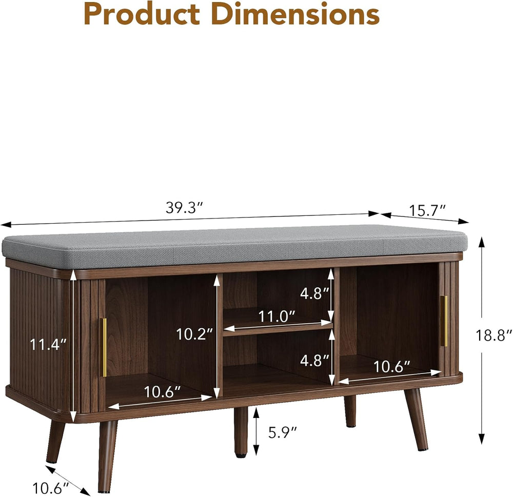 Decofy Shoe Storage Bench with Cushion and Sliding Doors, 39 Inch Shoe Bench ...