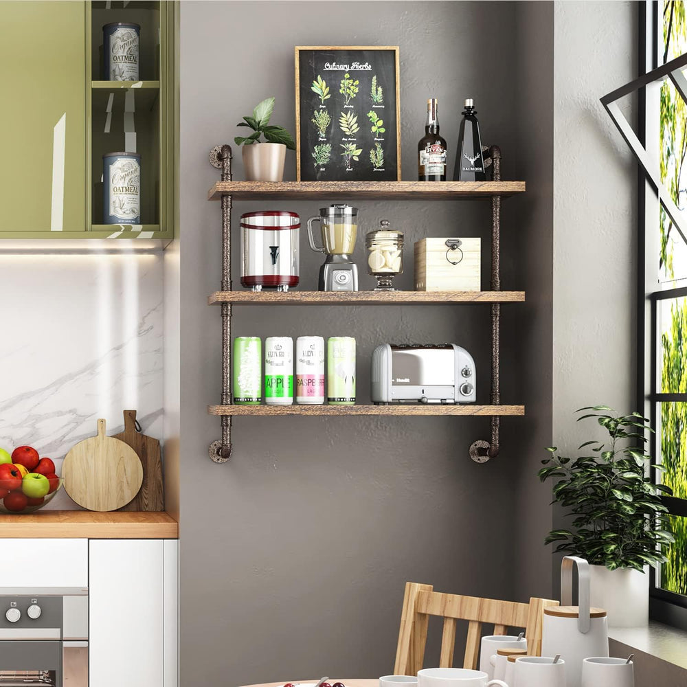 Helsin 3 Tier Industrial Pipe Shelf Rustic Wood Floating Wall Display Bookshe...
