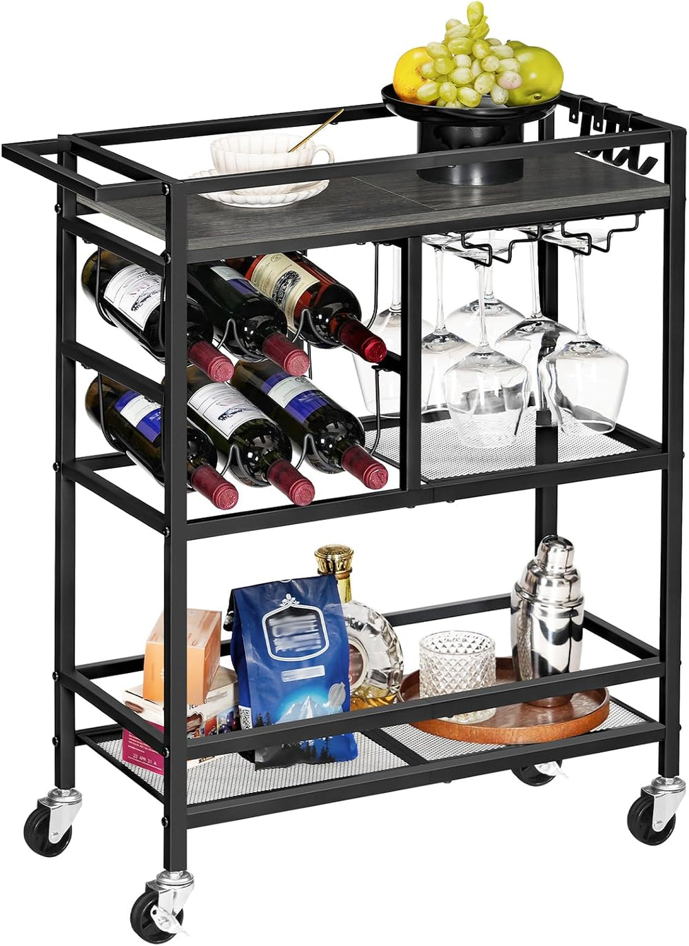 MAHANCRIS Bar Cart for Home, 3-Tier Serving Cart with Wheels and Handle, Beve...