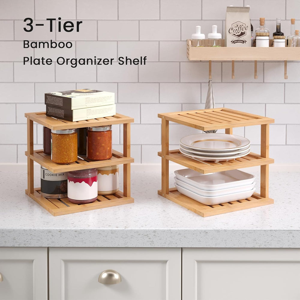 4 Pack Bamboo Corner Shelf,3 Tier Kitchen Cabinet Organizer for Plates and Di...