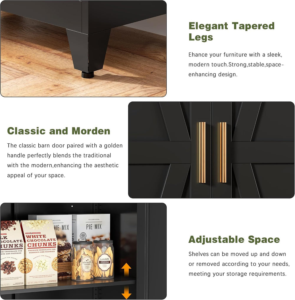COFaR Black Farmhouse Storage Kitchen Pantry Cabinet with 2 Barn Door, 3 Adju...