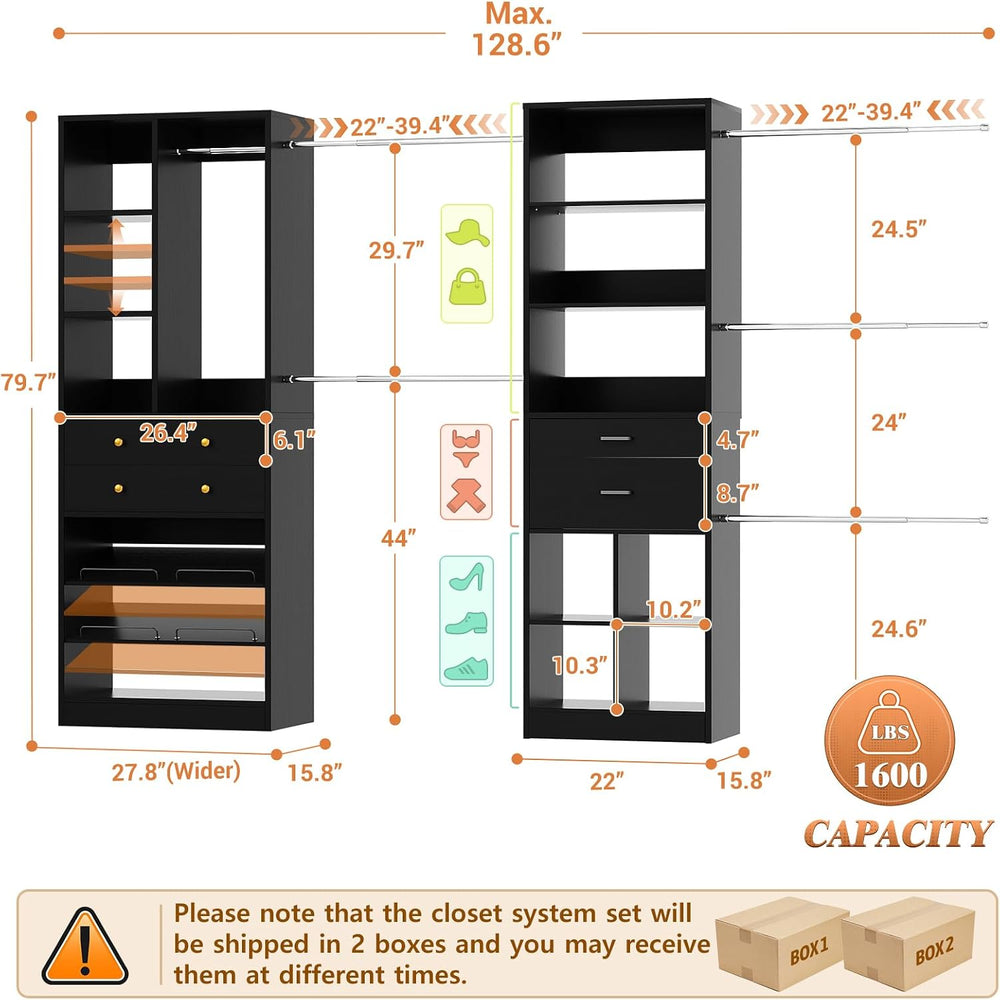Besiost Closet System, Up to 128.6"/10.7 FT Closet Organizer with 4 Wood...