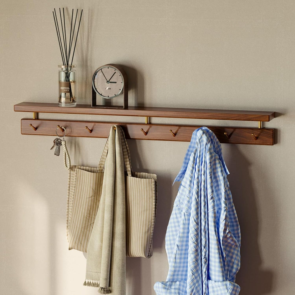 Walnut Wall Hooks with Shelf, Coat Rack Wall Mount, Entryway Hanging Shelf wi...