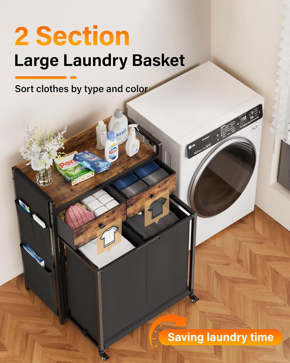 Laundry Hamper Basket 2 Section : Rolling Laundry Sorter Organizer with Wheel...