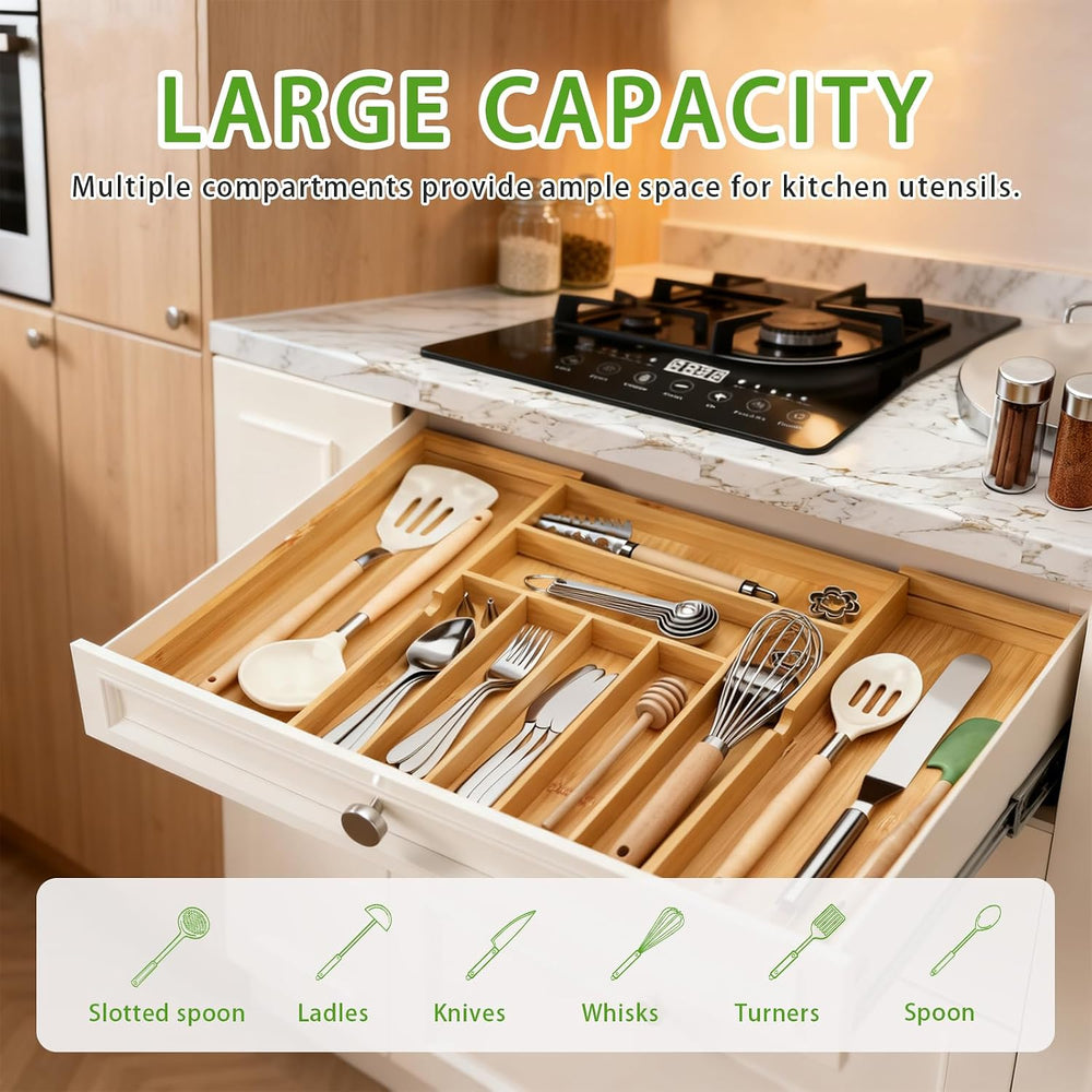 Bamboo Expandable Silverware Drawer Organizer, Adjustable Utensil Tray Cutler...