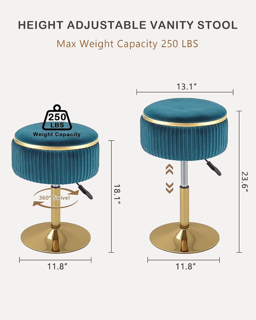 LITZFUR Adjustable Vanity Stool, Swivel Vanity Chair with Storage, Blue