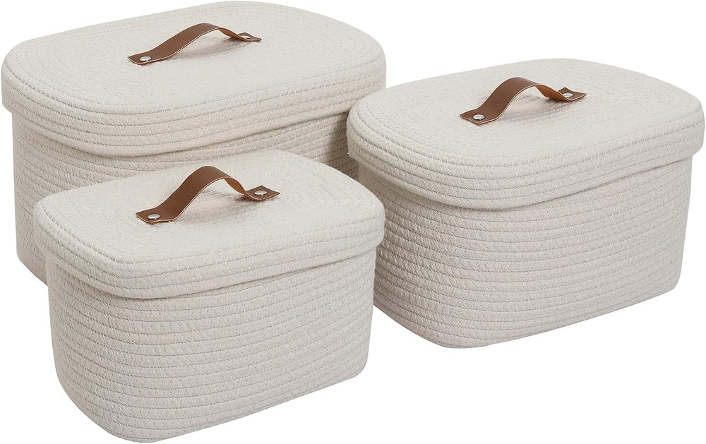 Cottonphant Set of 3 Nesting Woven Storage Baskets with Lids, Cotton Rope Dec...