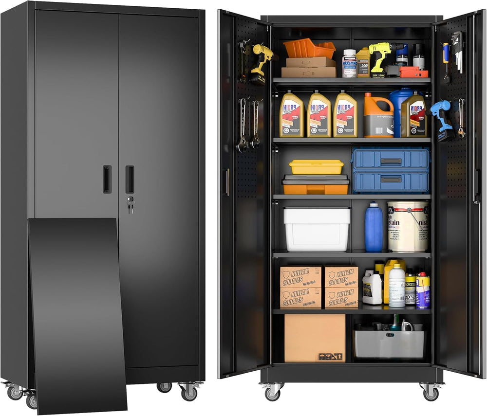 SUXXAN 71" Metal Garage Storage Cabinet with Wheels,Pegboard,Lock,5 Shelves