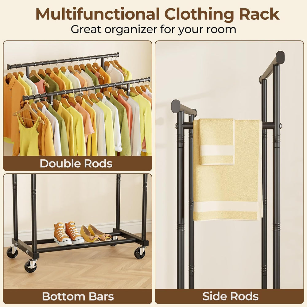 HYSEYY Double Rods Clothes Rack, Rolling Clothing Rack for Hanging Clothes Po...