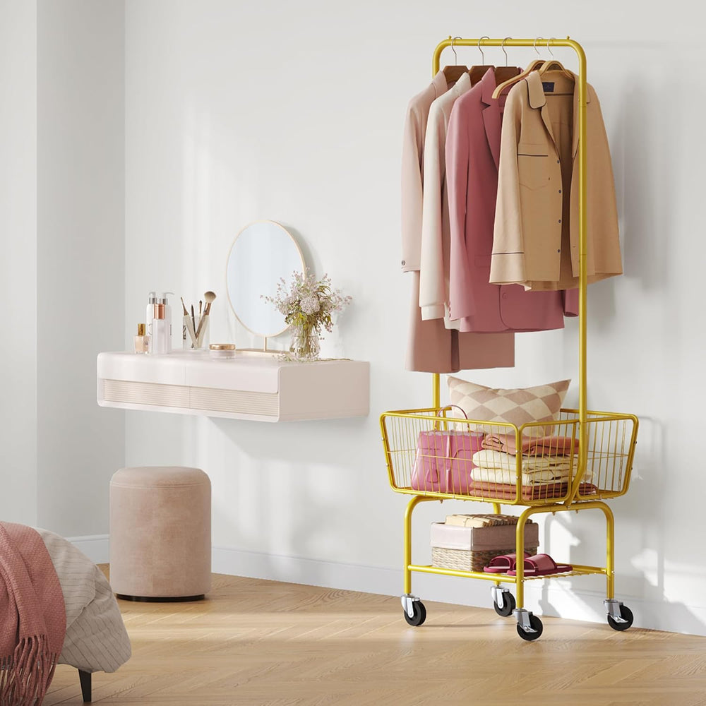 Tajsoon Rolling Laundry Cart with Hanging Rack & Laundry Basket, Gold