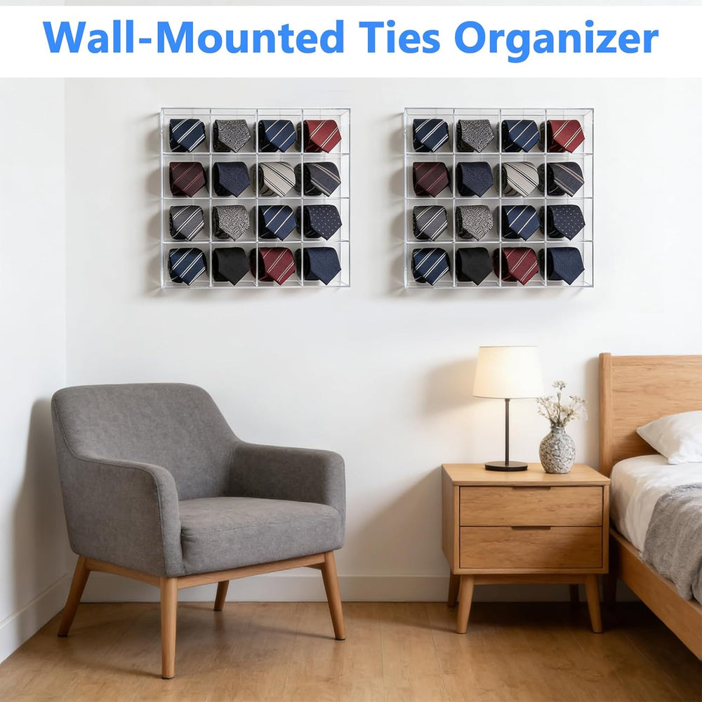2 Pack Tie Box Organizer Wall Mounted Tie Rack Clear Acrylic with 16 Compartm...