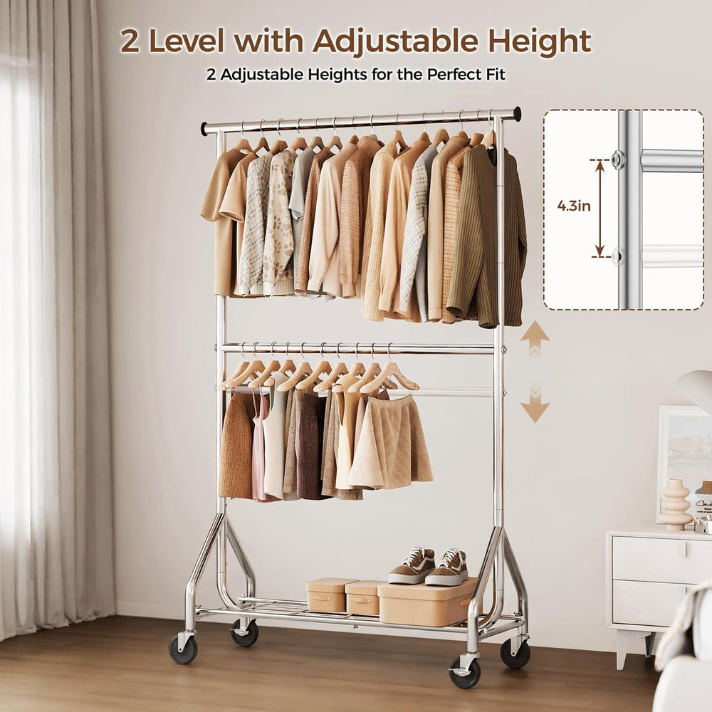 HYSEYY Heavy Duty Clothes Rack, Double Rod Clothing Rack for Hanging Clothes,...
