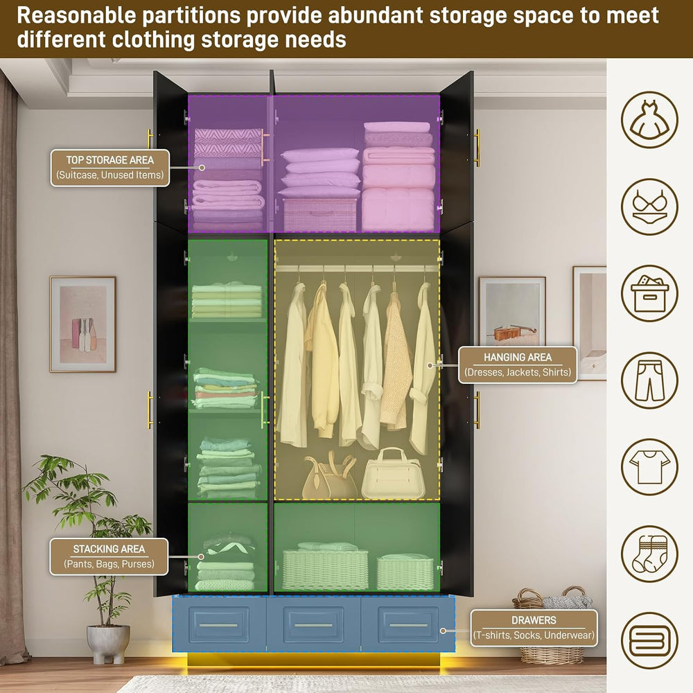 Hlivelood Large Armoire Wardrobe Closet Cabinet with Drawers and LED Lights, ...