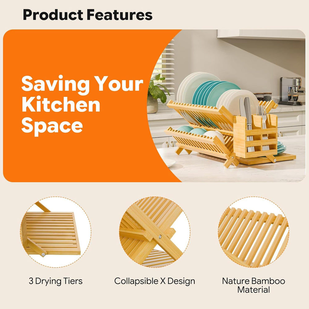 Simple Trending Bamboo Dish Drying Rack, 3 Tier with Utensil Holder