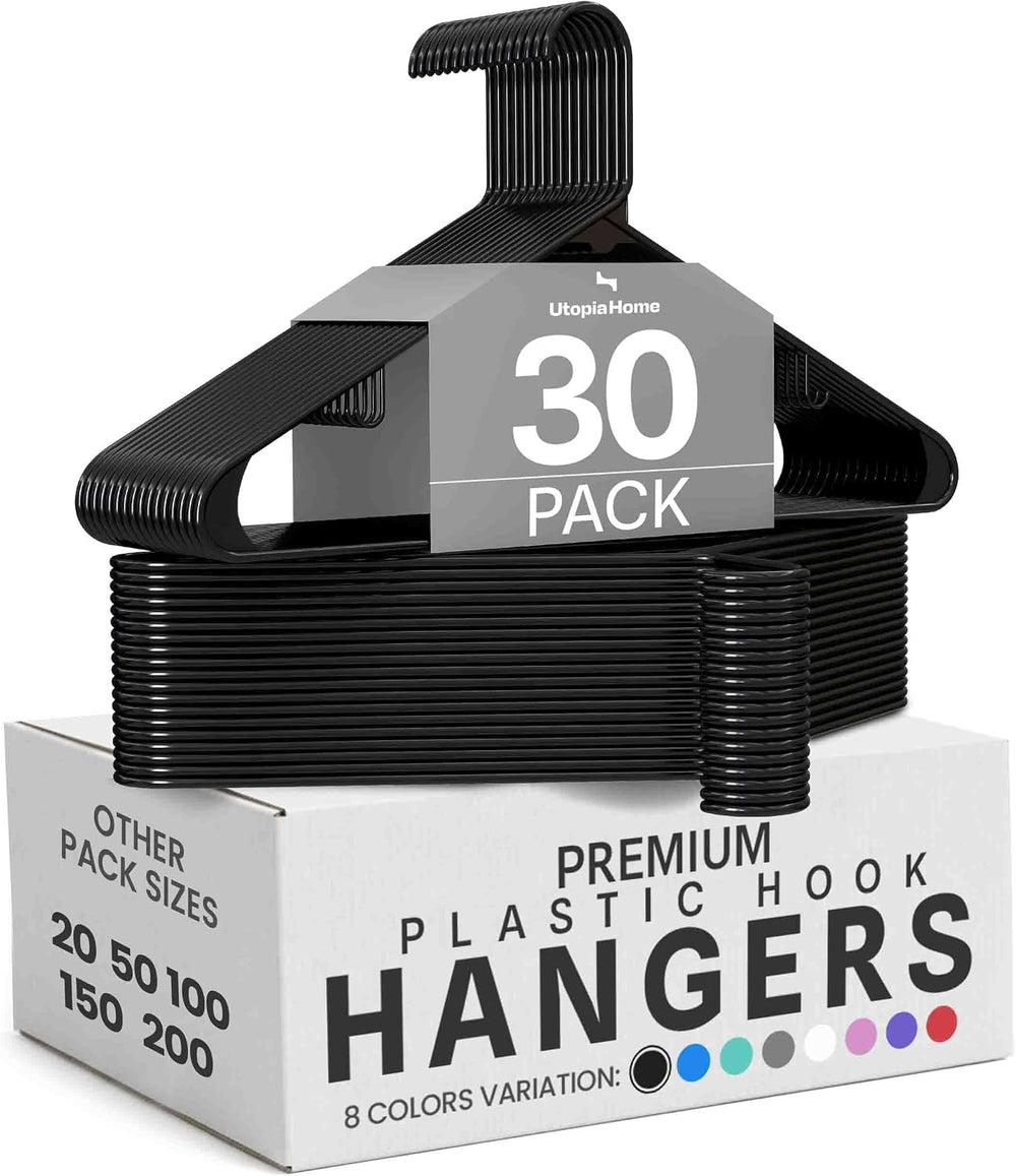 Utopia Home Plastic Hangers 30 Pack – Built-in Strap Hooks Black