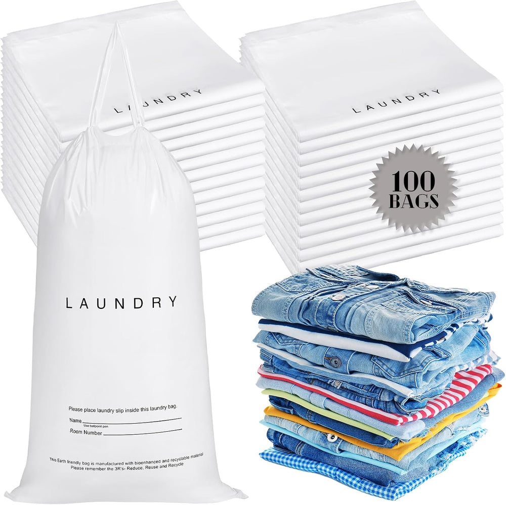 100 Pack Laundry Bag Bulk Plastic Disposable Hotel Drawstring Bag