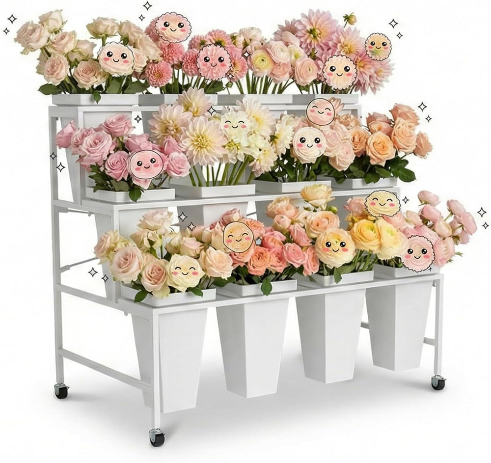 3 Tier Plant Stand with 12 Buckets, White Metal Flower Cart for Patio Garden ...