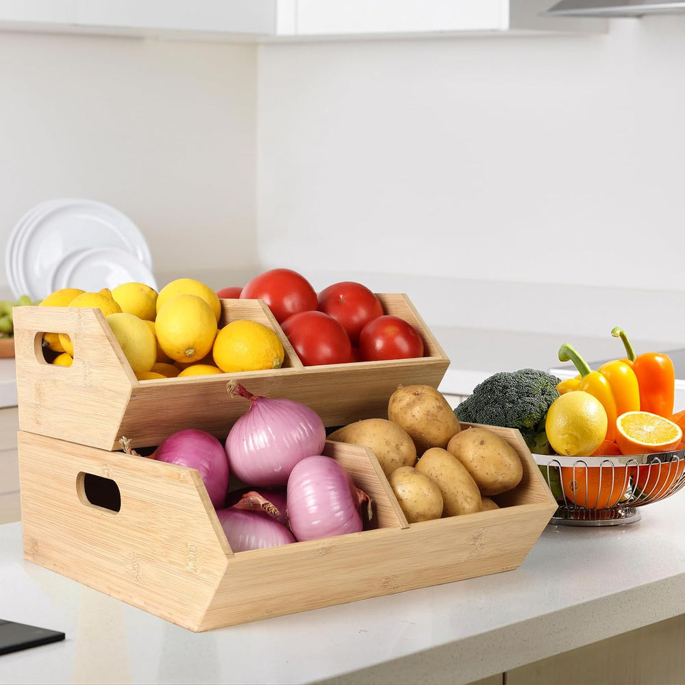 Bamboo Pantry Organizers and Storage Bins, 2 Set Stackable Baskets for Vegeta...