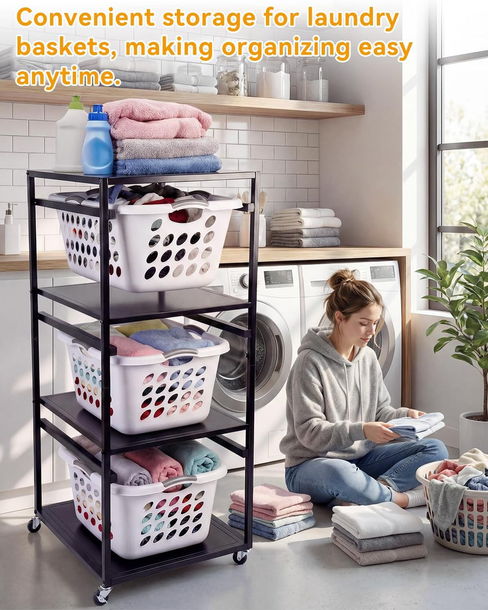 Laundry Basket Holder Shelf, 3-Tier Metal Laundry Basket Organizer with Wheel...