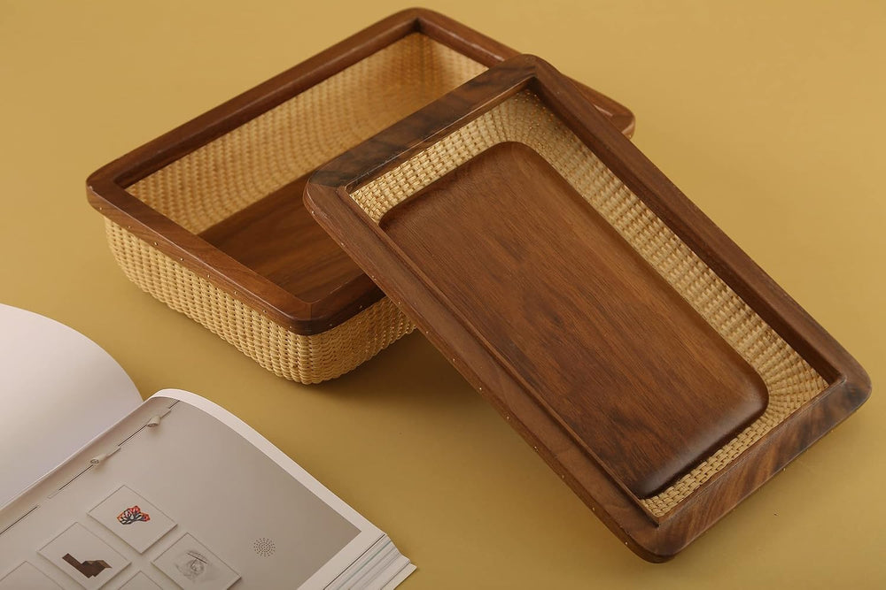 Rectangular Handmade Nantucket Basket with Lid, Natural Cane Weave Storage Ba...