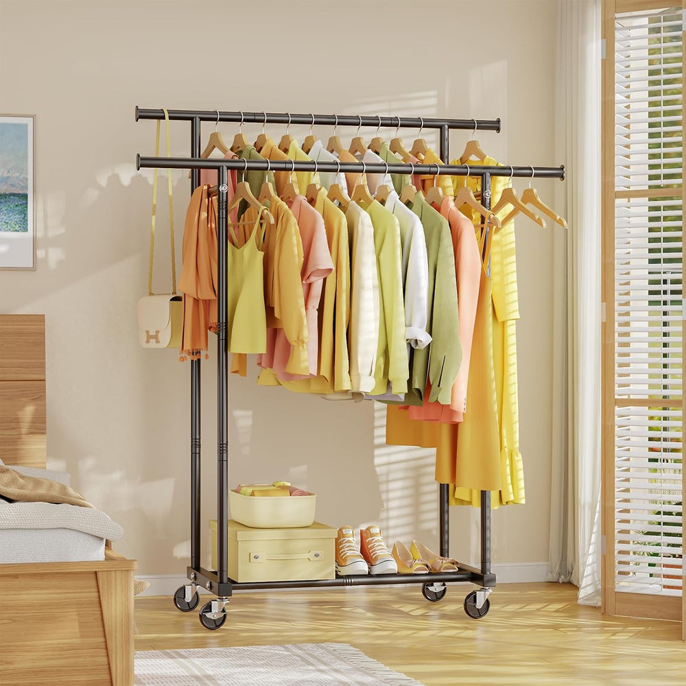HYSEYY Double Rods Clothes Rack, Rolling Clothing Rack for Hanging Clothes Po...