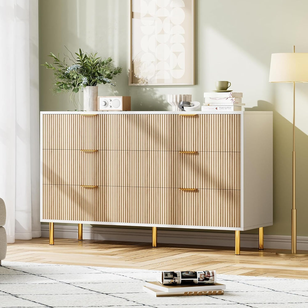 IDEALHOUSE Modern Natural 6 Drawer Dresser for Bedroom with Gold Handles