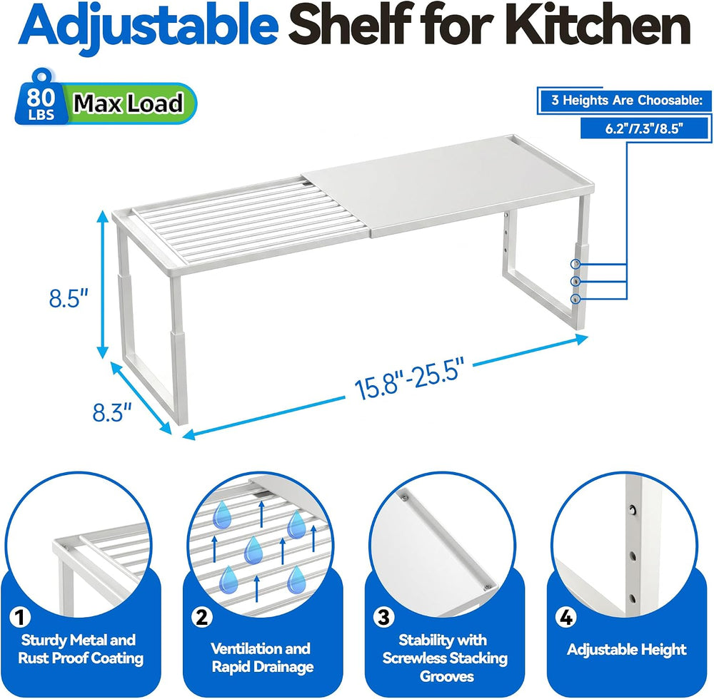 2 Packs Expandable Cabinet Shelf Organizer, Stackable Countertop Shelves