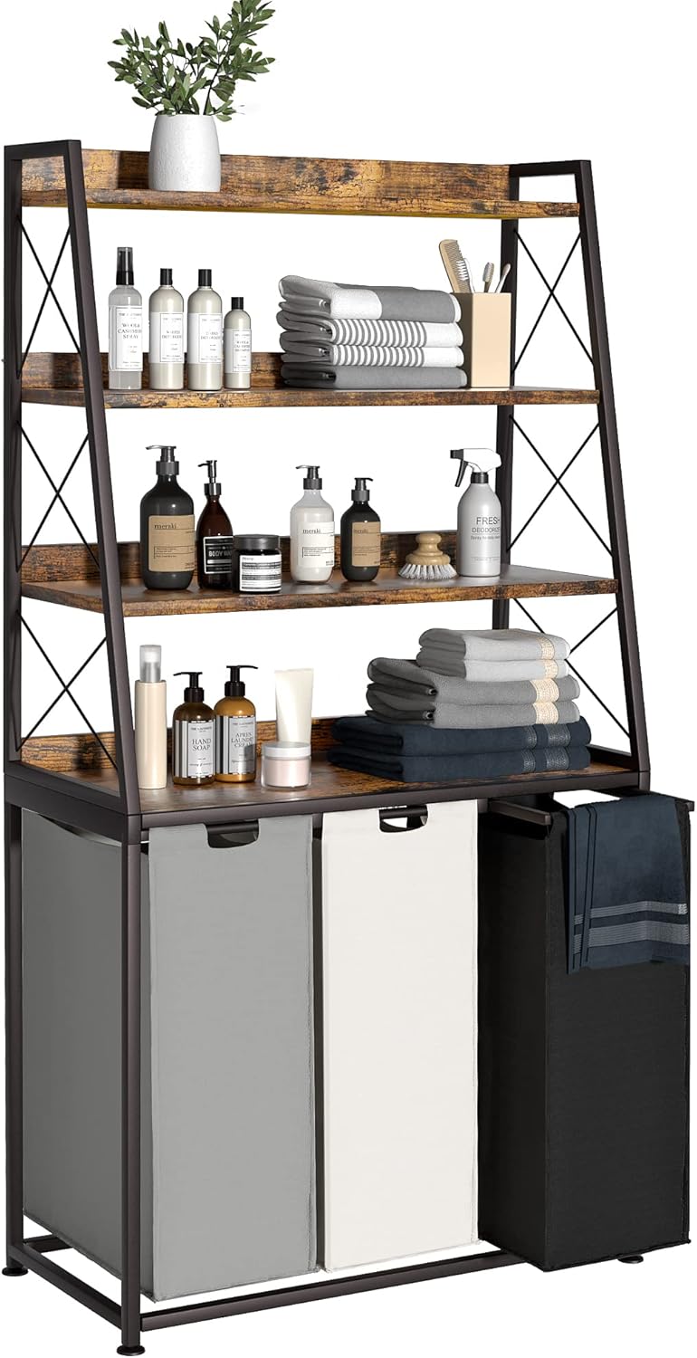 Herture Laundry Basket, 3 Section Laundry Hamper with 4 Tiers Shelf, Pull-Out...