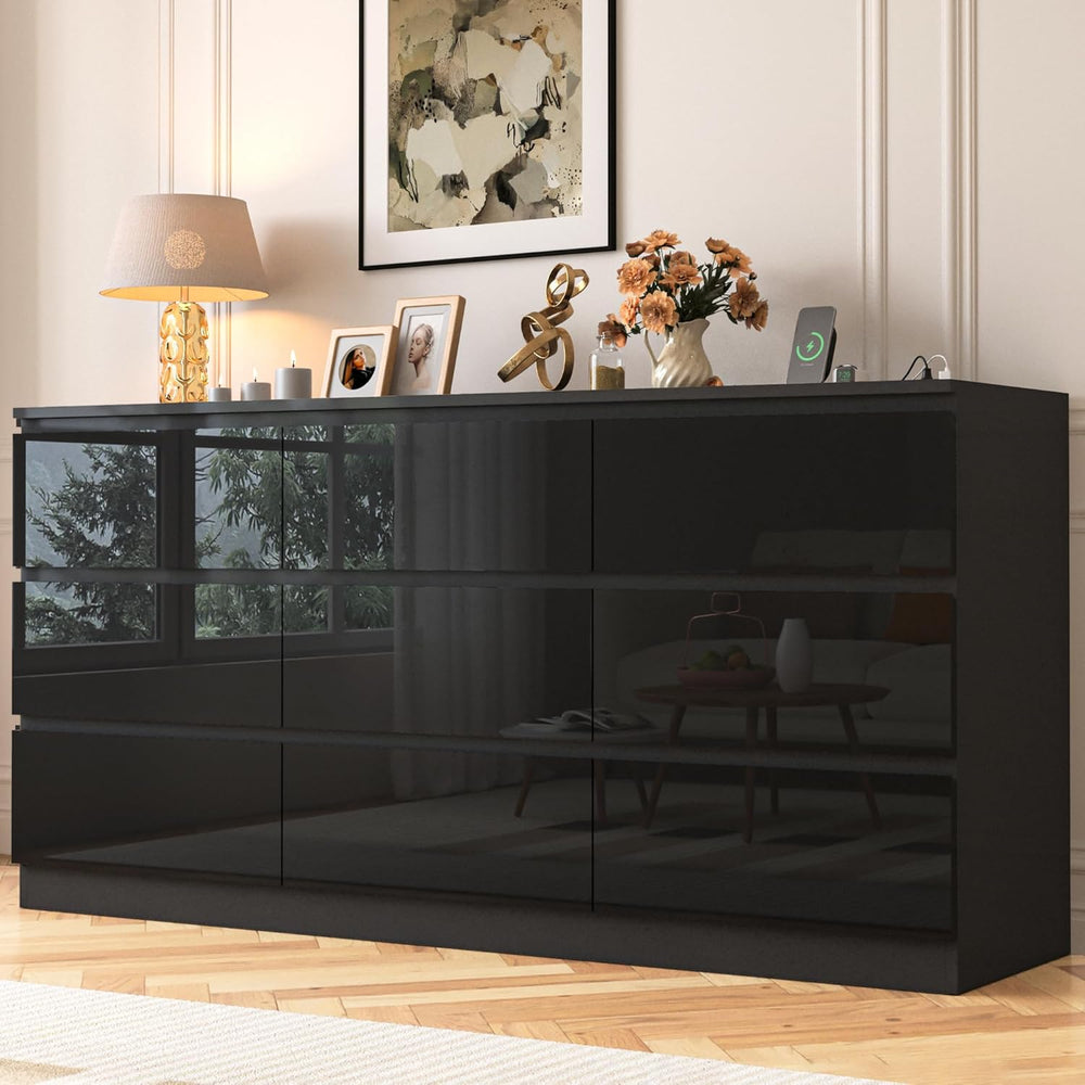 JassmiPkwy 70 INCH 9 Drawers Dresser with Power Outlet, Wide High Gloss Chest...