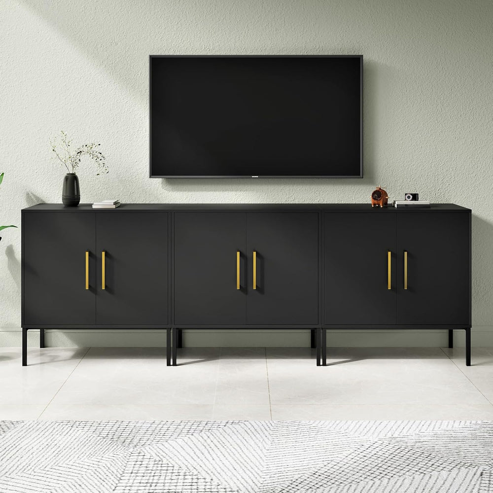 Set of 3 Storage Cabinets with Adjustable Shelf and Gold Handle, Black丨Buffet...