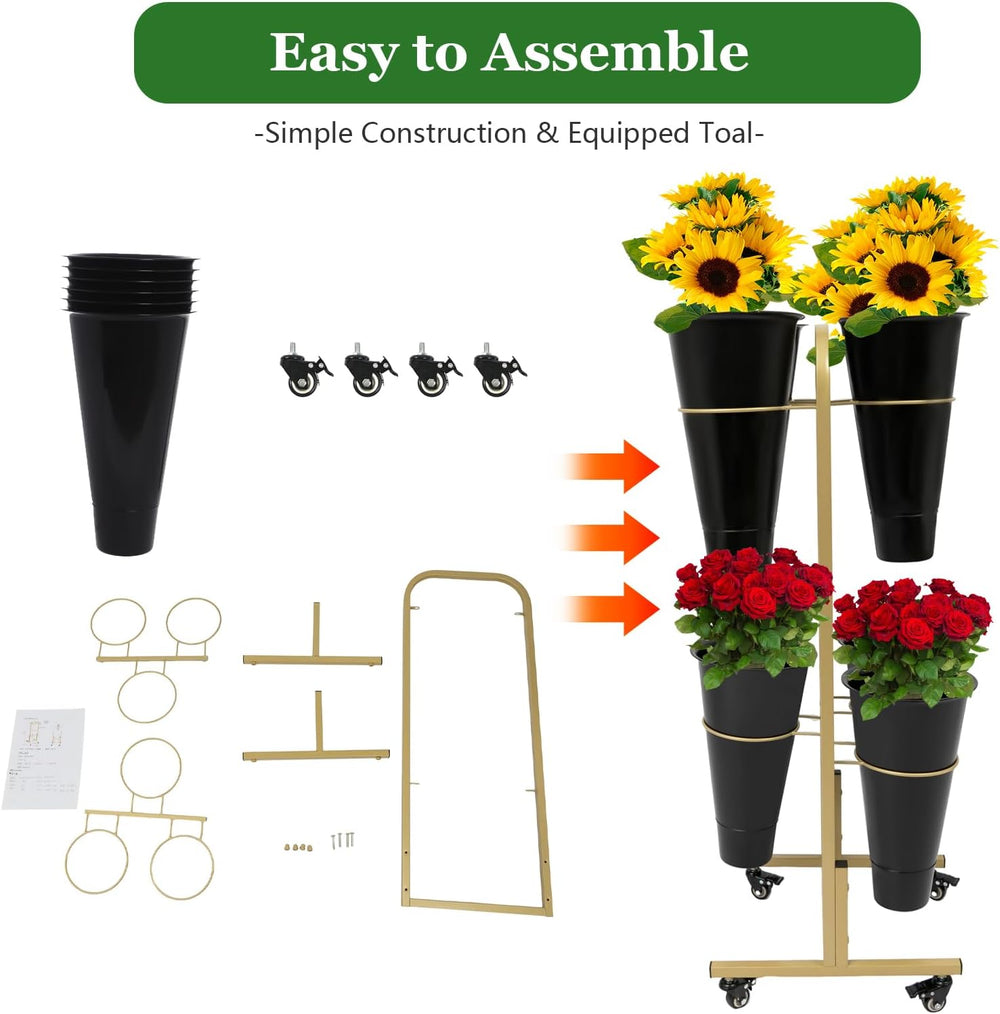 Flower Display Stand with 6 Pieces Bucket, Metal Plant Stand, Heavy Duty Movi...