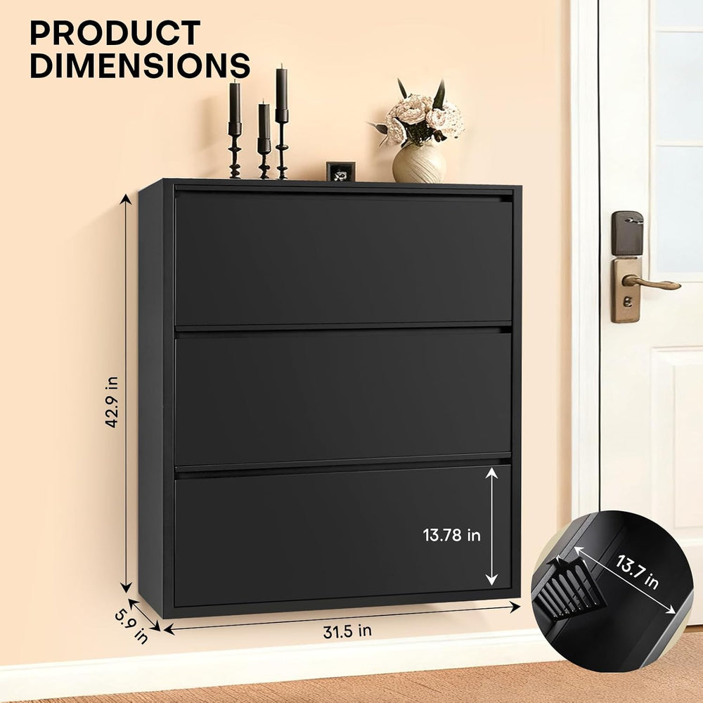 Shoe Storage Cabinet with 3 Flip Drawers, Hidden Slim Narrow Shoe Rack Cabine...