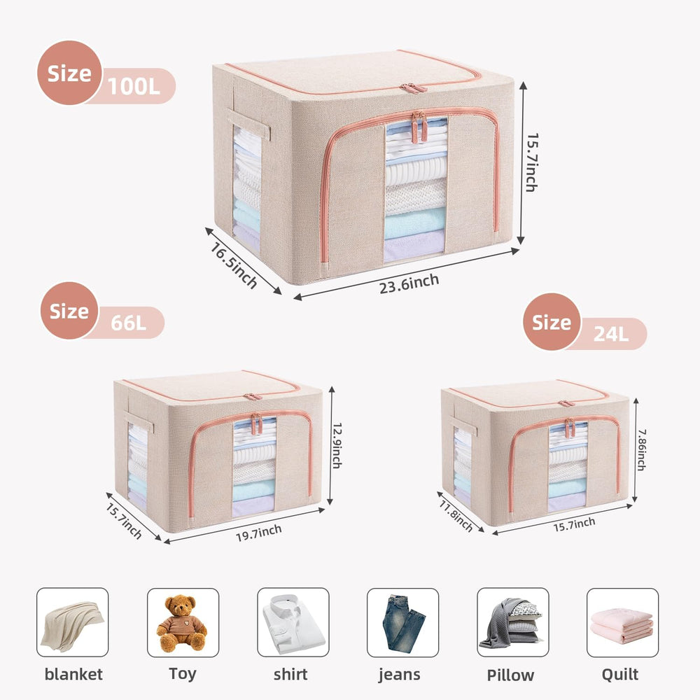 GuliPostan 3 Pack 100L Stackable Clothes Storage Bins with Metal Frame Handle...