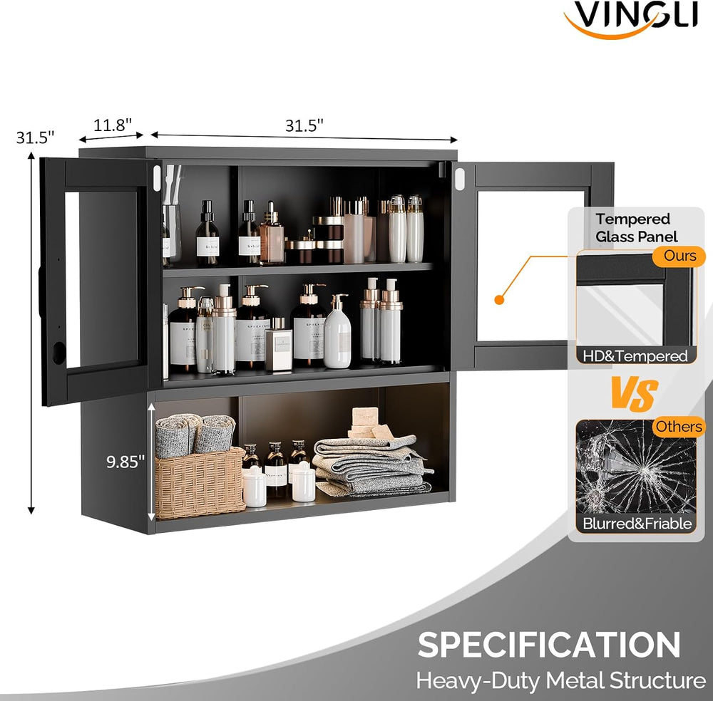 VINGLI Metal Wall Cabinet with Locking Glass Doors & Magnetic LED Sensor ...